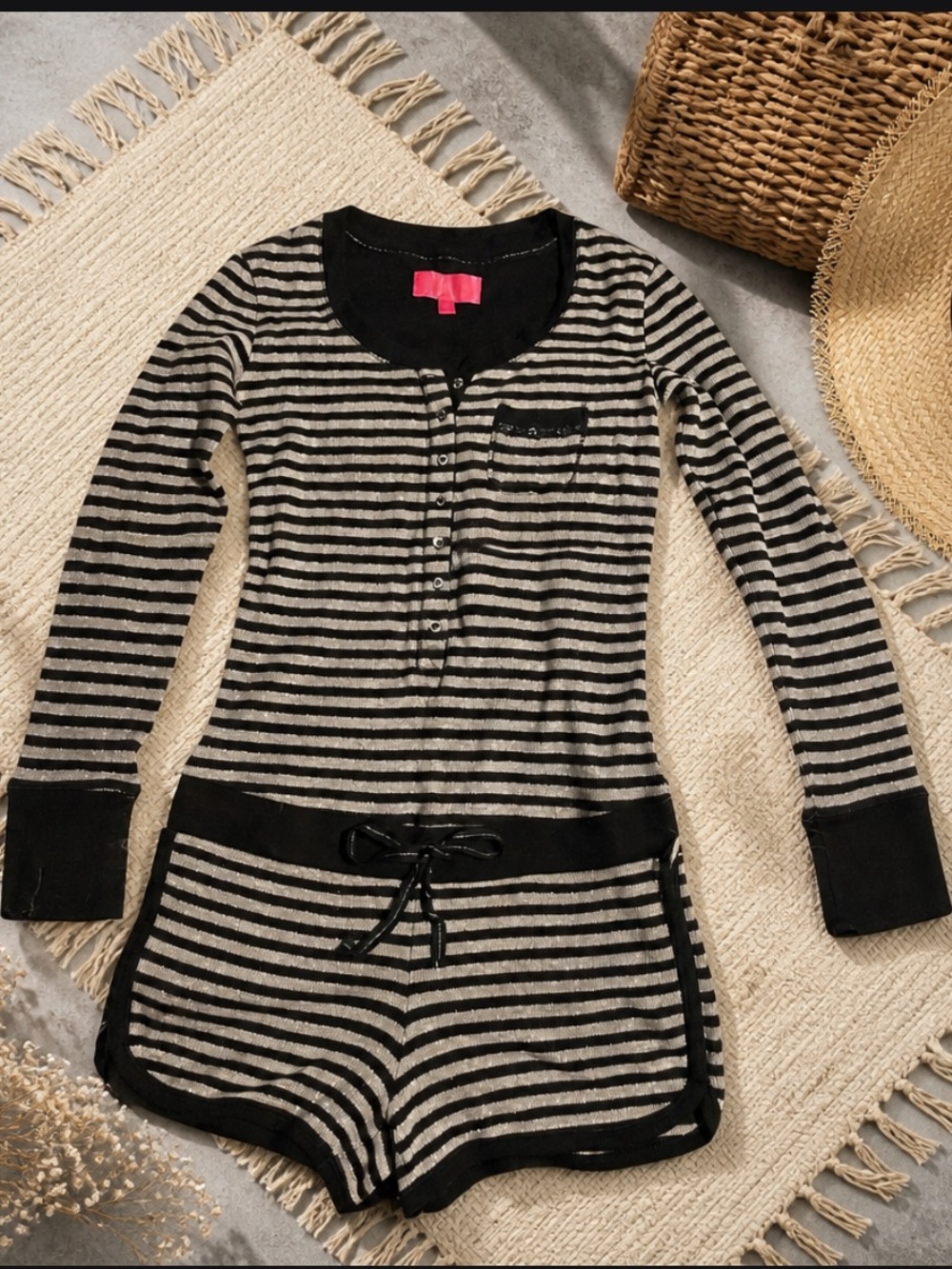 New Victoria's Secret Black and Silver Striped women Pajama Romper nice design.